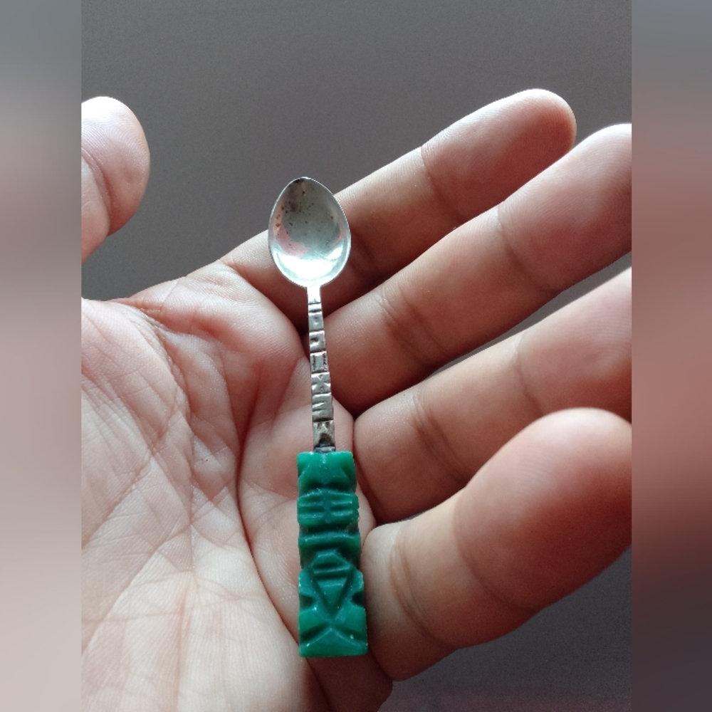 Mid-century Mexico Sterling Silver W/Jade Tolem Handle Souvenir Spoom